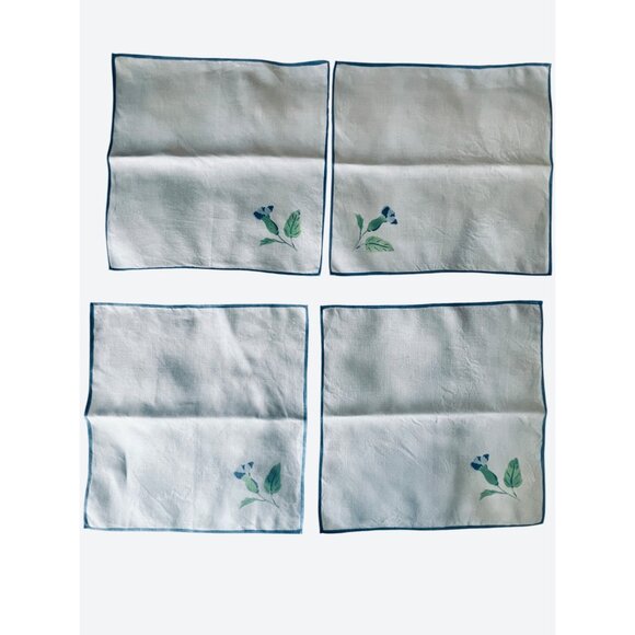 Vintage Morning Glory Linen Napkins Set Of 4 Blue & Green On White 13.75” x 14” - Picture 3 of 8